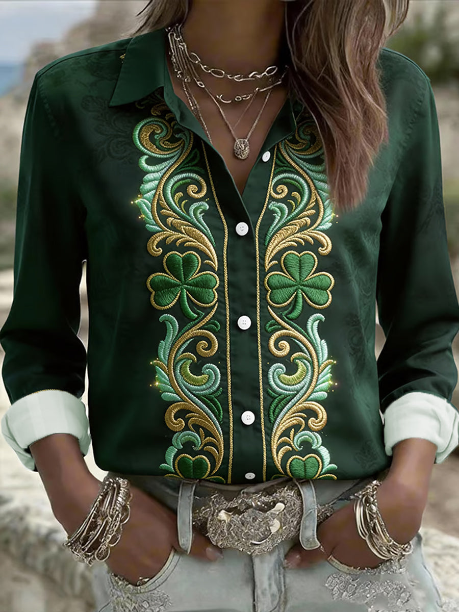 Women's St. Patrick's Day Celtic Knot Shamrock Print Casual Long-Sleeve Shirt