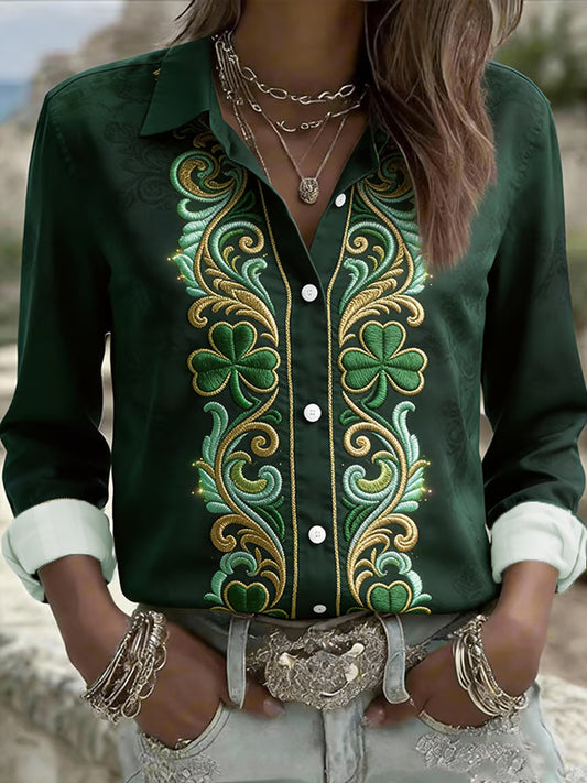 Women's St. Patrick's Day Celtic Knot Shamrock Print Casual Long-Sleeve Shirt