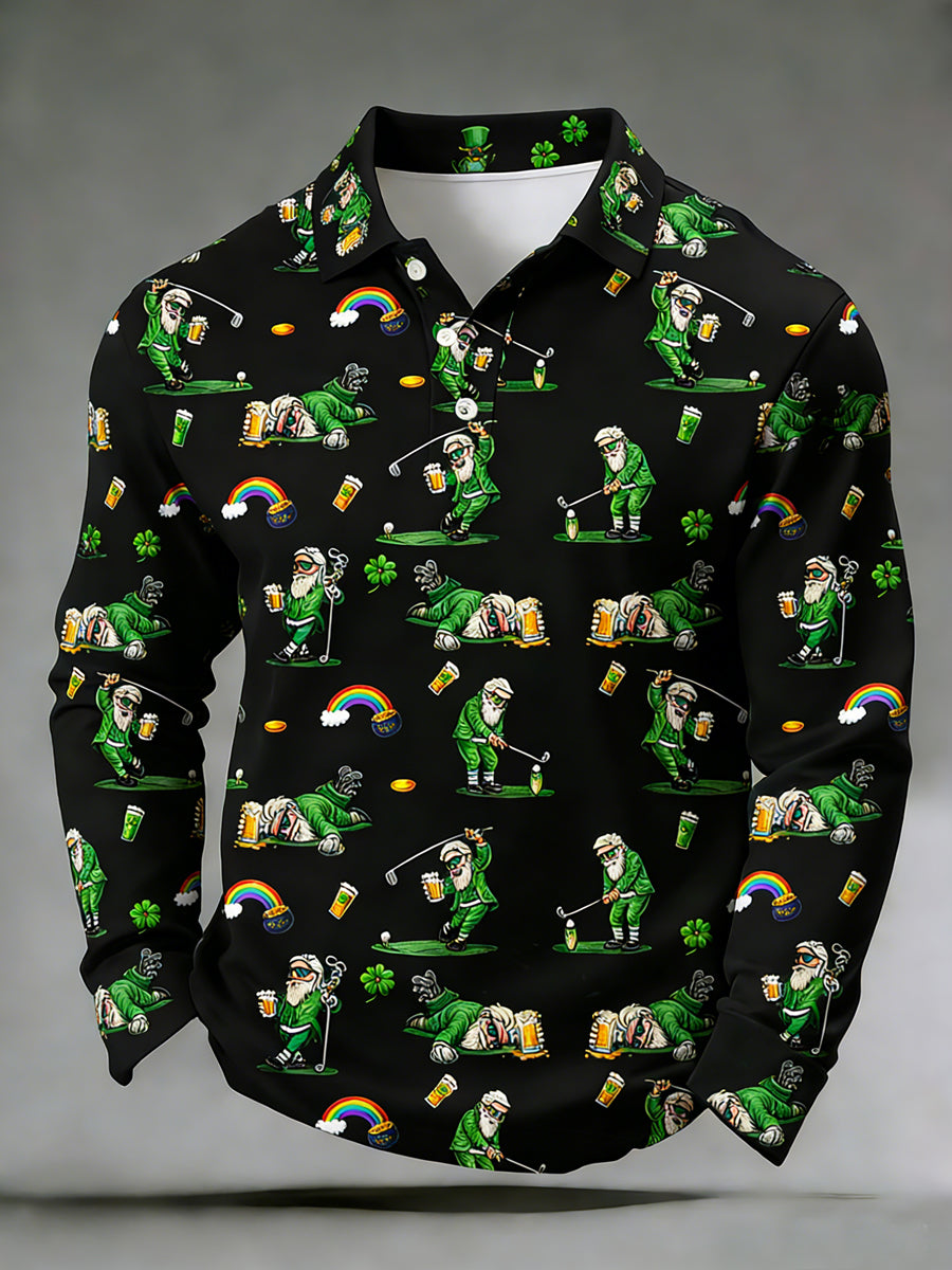 Men's Funny St. Patrick's Day Leprechaun Print Casual Long-Sleeve Polo