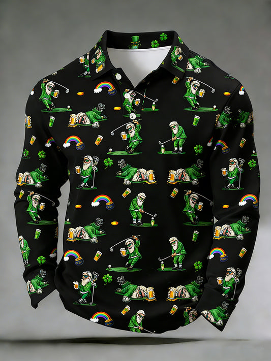 Men's Funny St. Patrick's Day Leprechaun Print Casual Long-Sleeve Polo