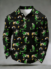 Men's Funny St. Patrick's Day Leprechaun Print Casual Long-Sleeve Polo
