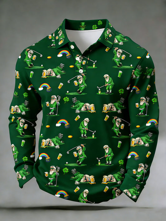 Men's Funny St. Patrick's Day Leprechaun Print Casual Long-Sleeve Polo