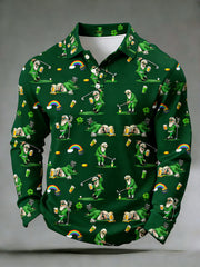 Men's Funny St. Patrick's Day Leprechaun Print Casual Long-Sleeve Polo