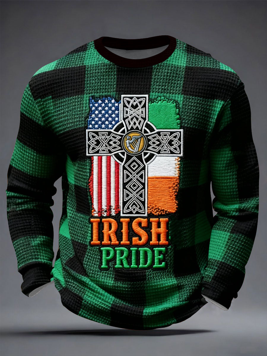 Men's Retro Irish Celtic  Cross Pattern Waffle Long Sleeve T-Shirt