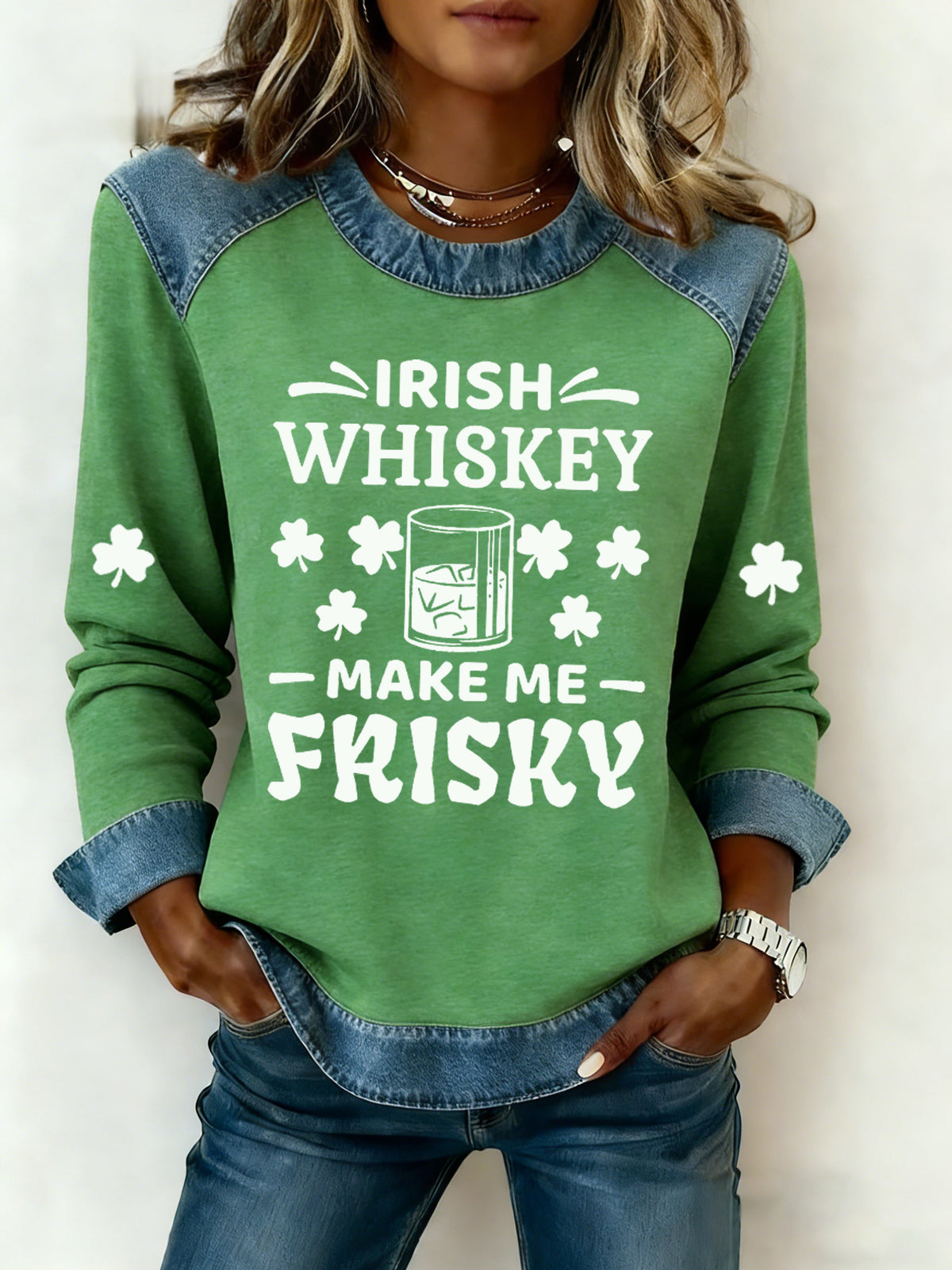 Women's Irish Whiskey Makes Me Frisky Printed Denim Patchwork Top