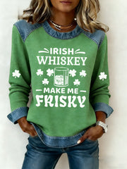 Women's Irish Whiskey Makes Me Frisky Printed Denim Patchwork Top
