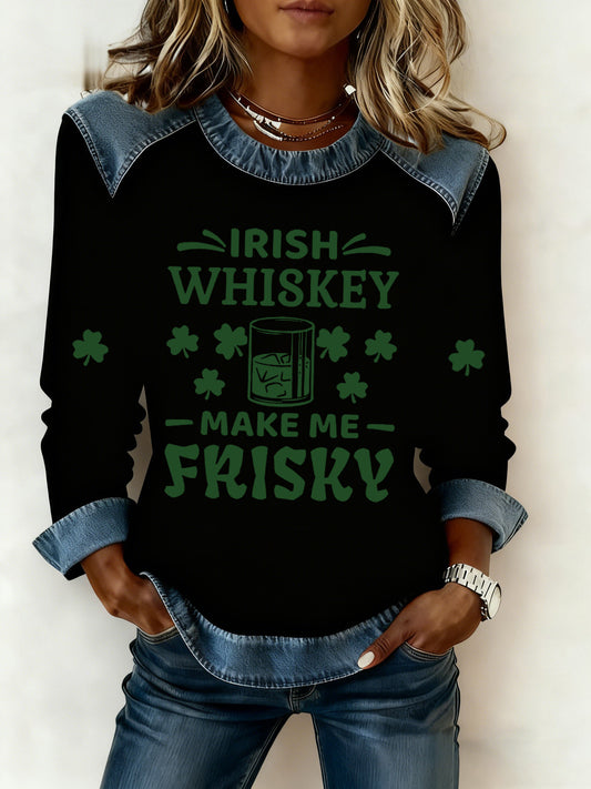Women's Irish Whiskey Makes Me Frisky Printed Denim Patchwork Top