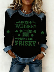 Women's Irish Whiskey Makes Me Frisky Printed Denim Patchwork Top