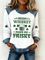 Women's Irish Whiskey Makes Me Frisky Printed Denim Patchwork Top