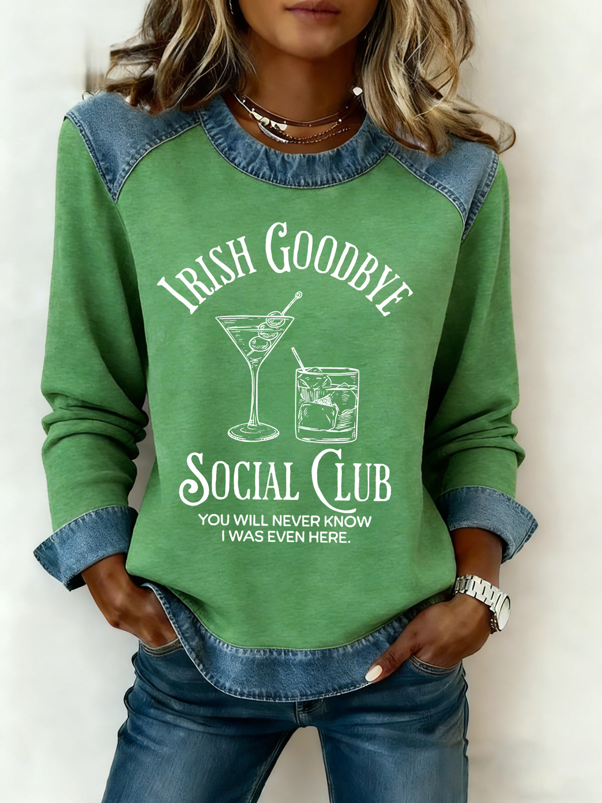 Women's Irish Goodbye Social Club Printed Denim Patchwork Top