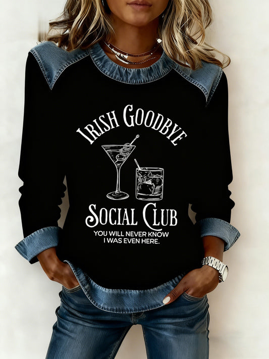Women's Irish Goodbye Social Club Printed Denim Patchwork Top