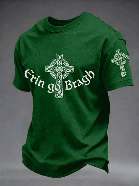 Men's Erin Go Bragh Celtic Knot Shamrock Cross Print Casual Tee