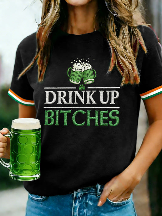 Unisex Funny St. Patrick's Day Drink Up Bitches Print Casual Tee