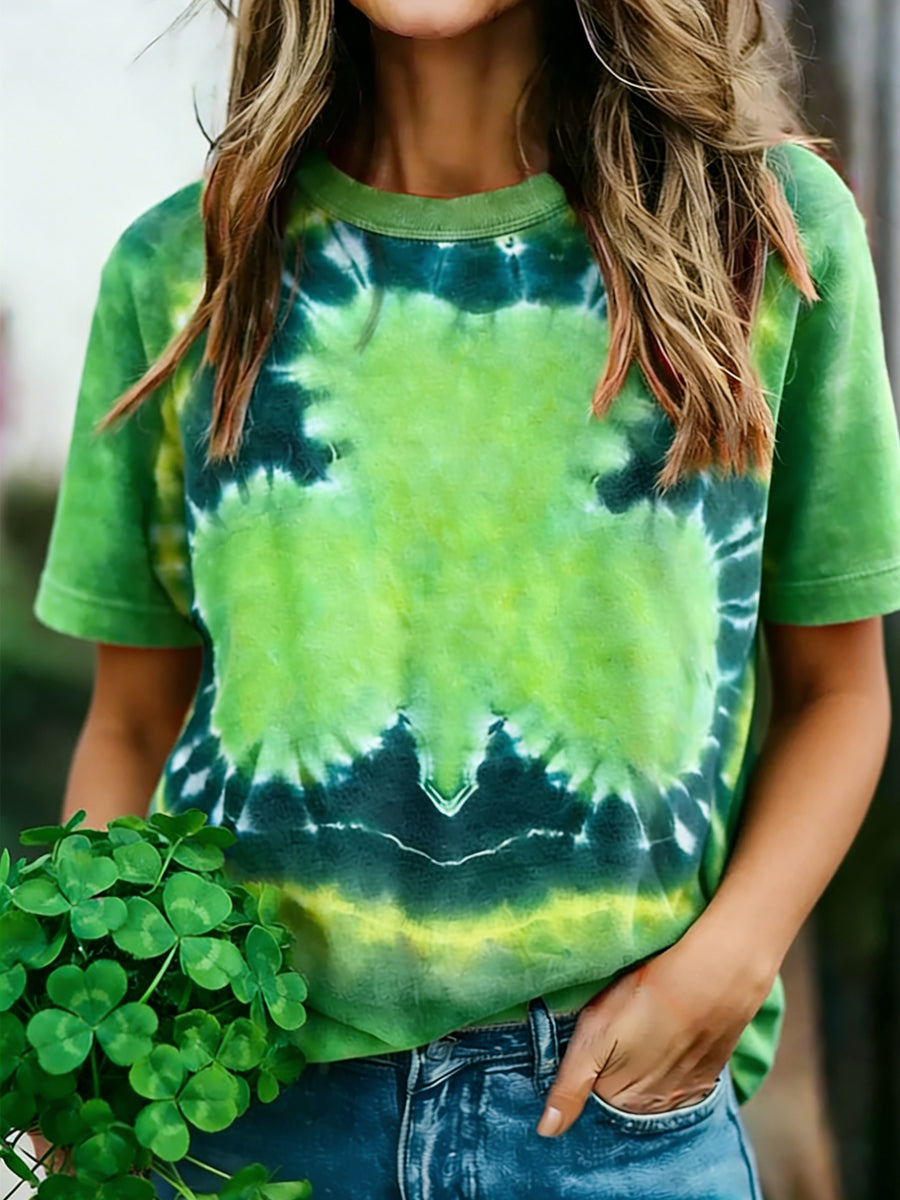 Women's St. Patrick's Day Tie-Dye Shamrock Print Casual Tee