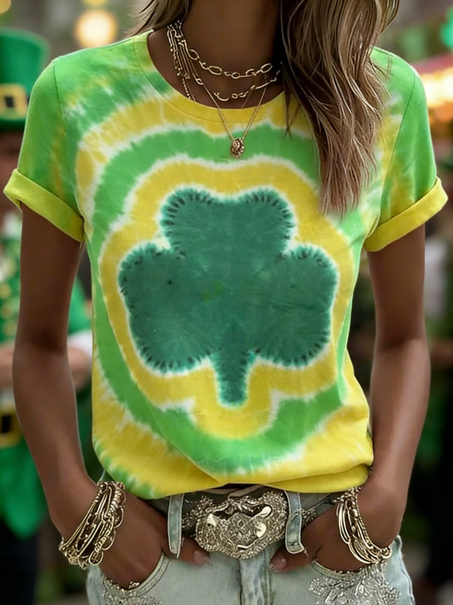 Women's St. Patrick's Day Tie-Dye Shamrock Print Casual Tee