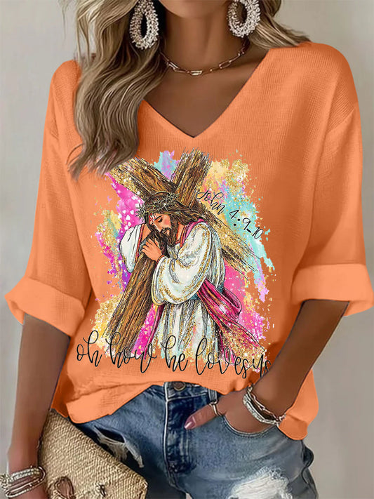 Women's Oh How He Loves Us Christian Easter Print Casual Long-Sleeve Waffle T-shirt