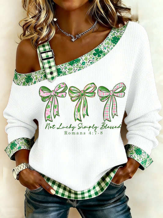 Women's St. Patrick's Day Not Lucky Simply Blessed Print Casual Waffle Off-Shoulder Top