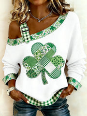 Women's St. Patrick's Day Floral Shamrock Print Casual Waffle Off-Shoulder Top