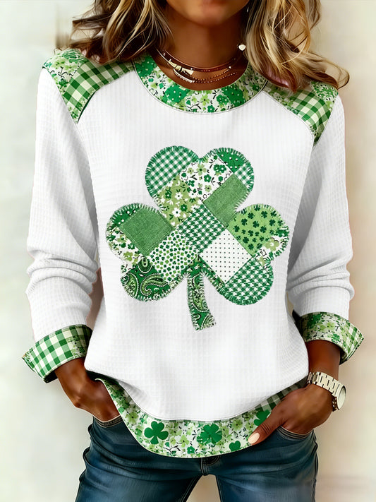 Women's St. Patrick's Day Floral Shamrock Print Casual Waffle Sweatshirt