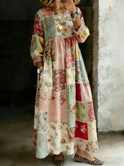 Women's Retro Floral Patchwork Print Casual Long Sleeve Dress