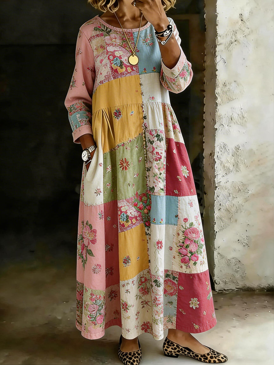 Women's Retro Floral Patchwork Print Casual Long Sleeve Dress