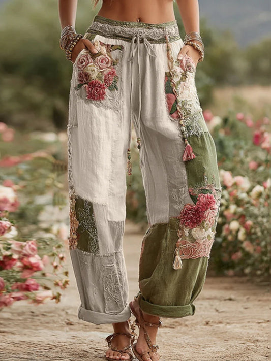 Women's Vintage Rose and Floral Patchwork Art Linen Pants