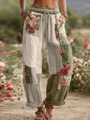 Women's Vintage Rose and Floral Patchwork Art Linen Pants