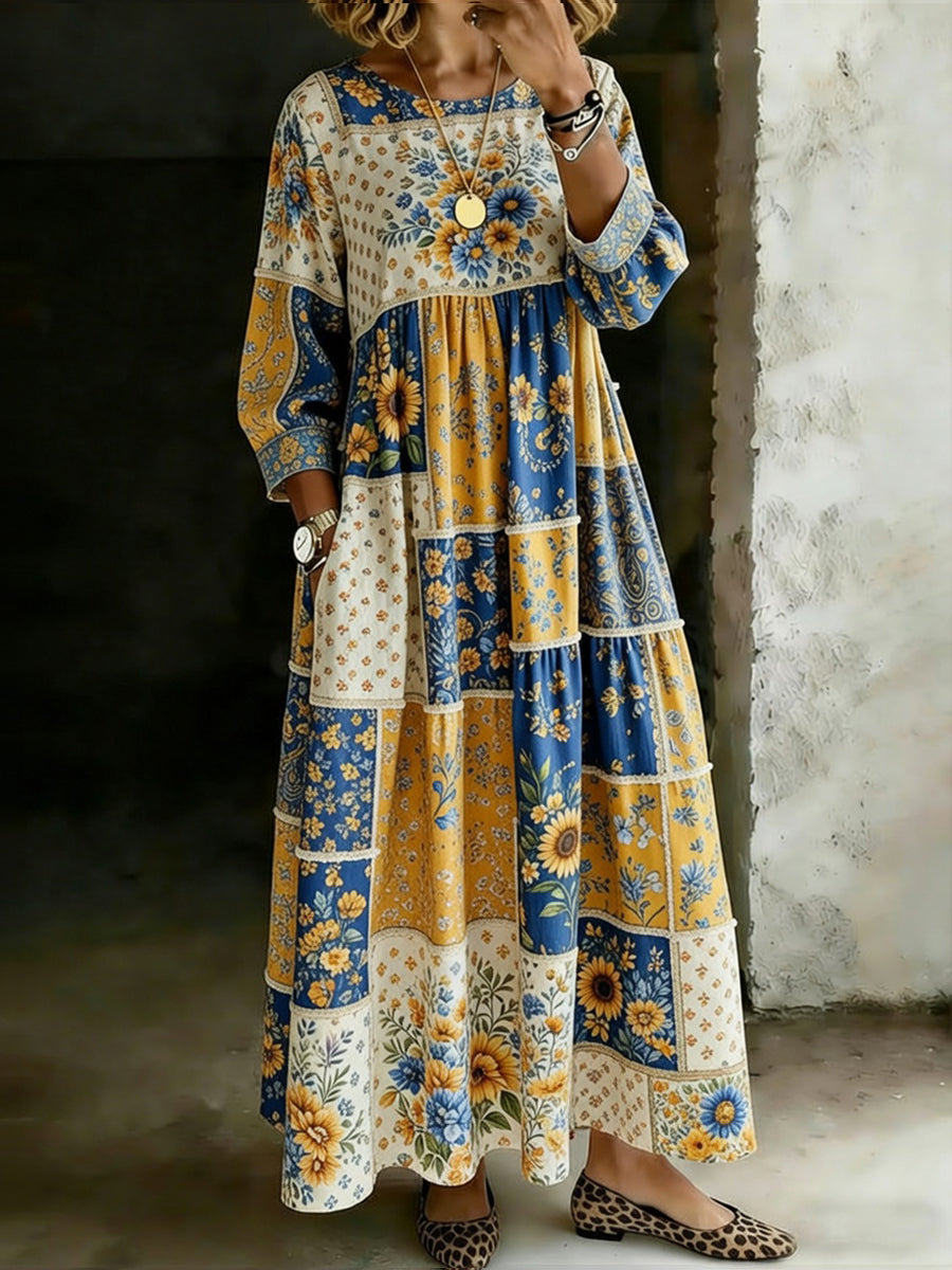 Women's Retro Floral Patchwork Print Casual Long Sleeve Dress