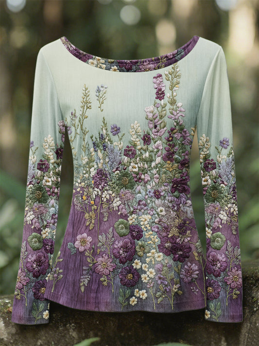 Women's Retro 3D Floral Embroidery Gradient Pattern Round Neck Long Sleeve T-shirt