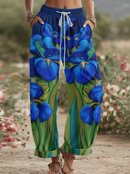Women's Iris Embroidered Contrast Casual Pants