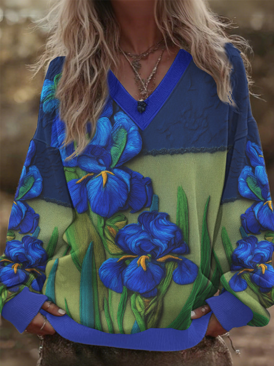 Women's V-neck Iris Floral Patchwork Oversized Sweatshirt