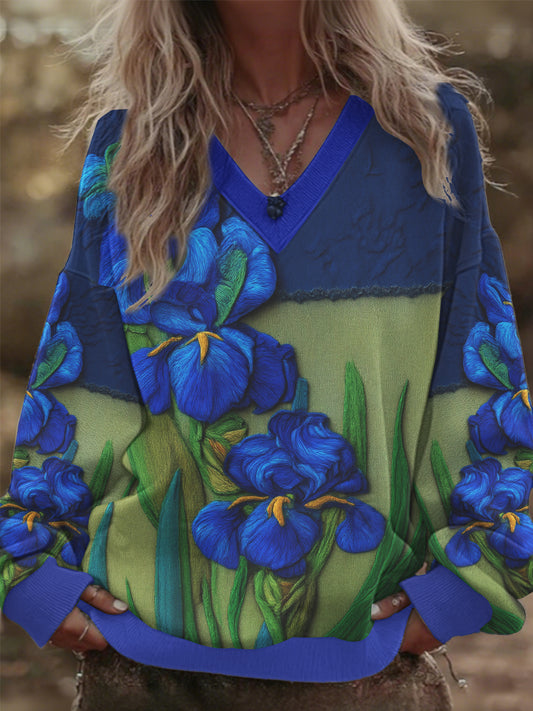 Women's V-neck Iris Floral Patchwork Oversized Sweatshirt
