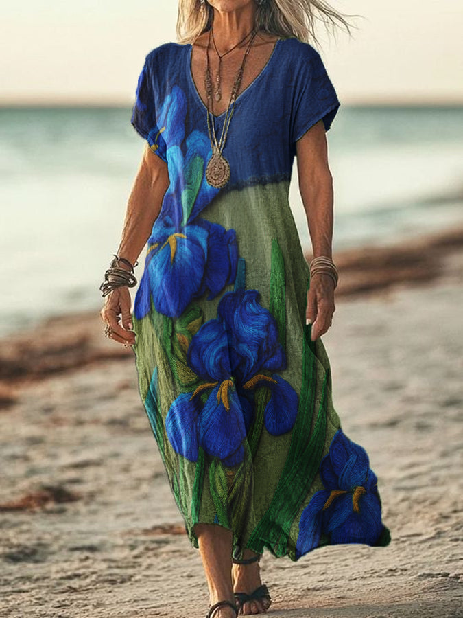 Women's Iris Embroidery Contrast Color V-Neck Short Sleeve Flowing Dress