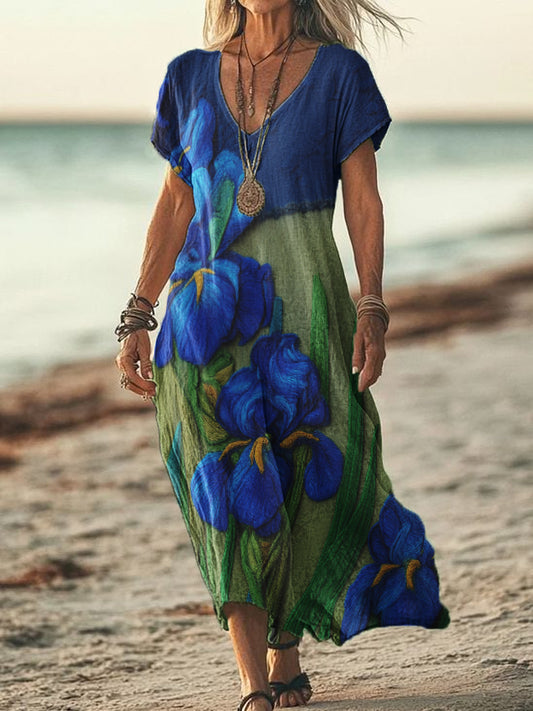 Women's Iris Embroidery Contrast Color V-Neck Short Sleeve Flowing Dress