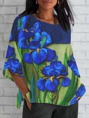Women's Fleur-de-lis Embroidered Contrast Flowy Linen Top