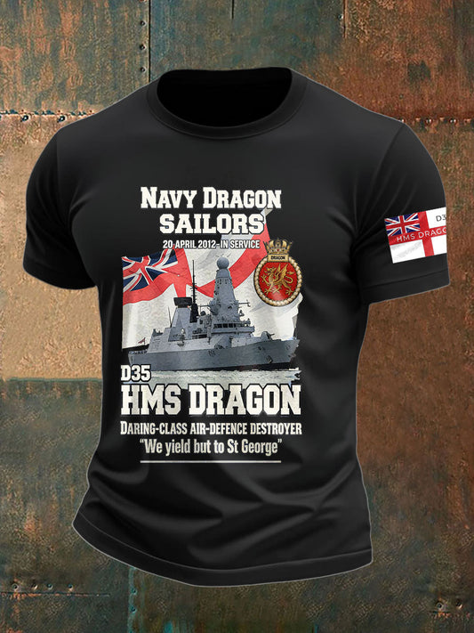 Men's British HMS Dragon Printed imitation cotton short-sleeved T-shirt