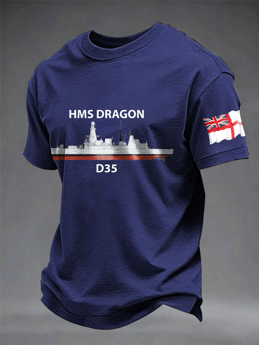 Men's British HMS Dragon Printed imitation cotton short-sleeved T-shirt