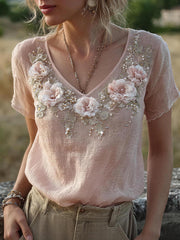 Women's Floral Embroidery Pattern Linen Blend Shirt