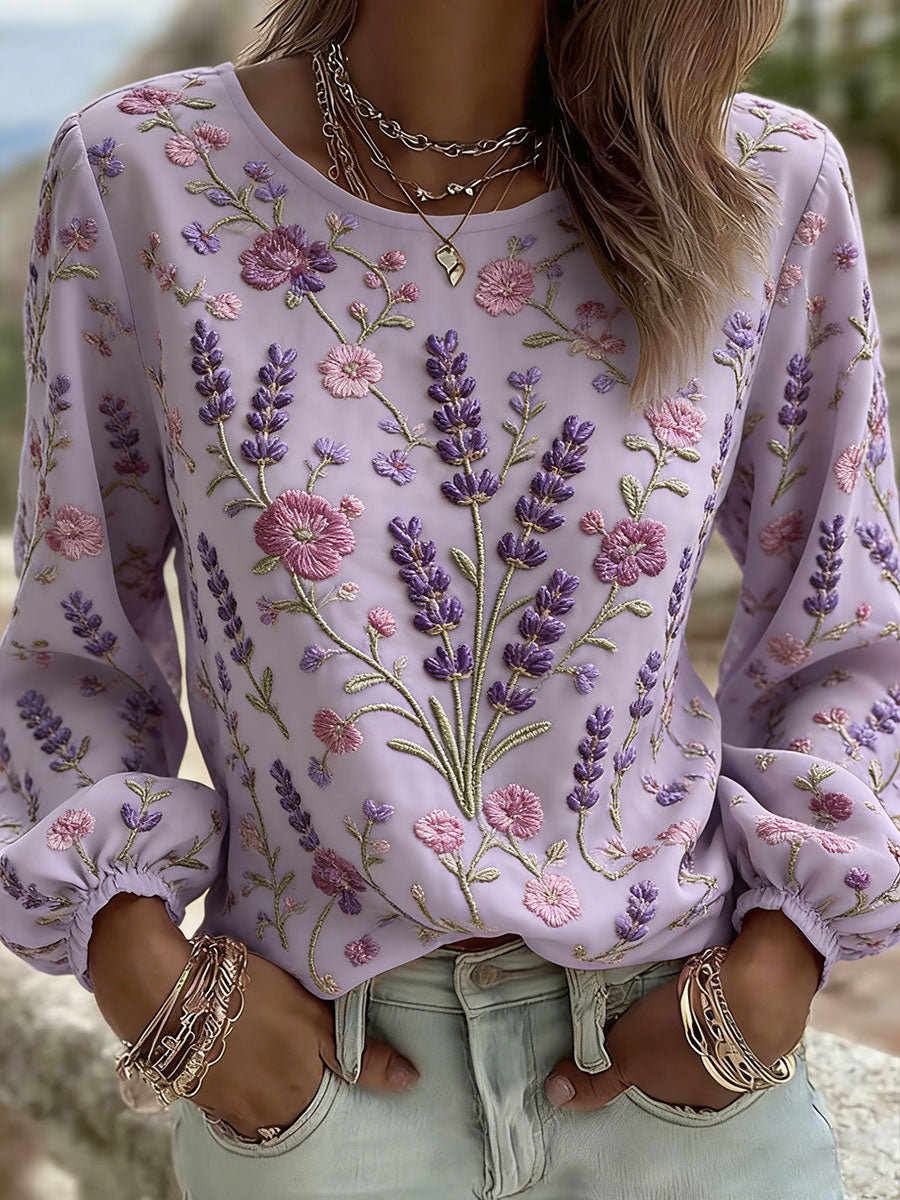 Women's Lavender Floral Art Print Casual T-Shirt