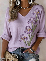 Women's Iris Flower Embroidery Pattern Linen Blend Shirt