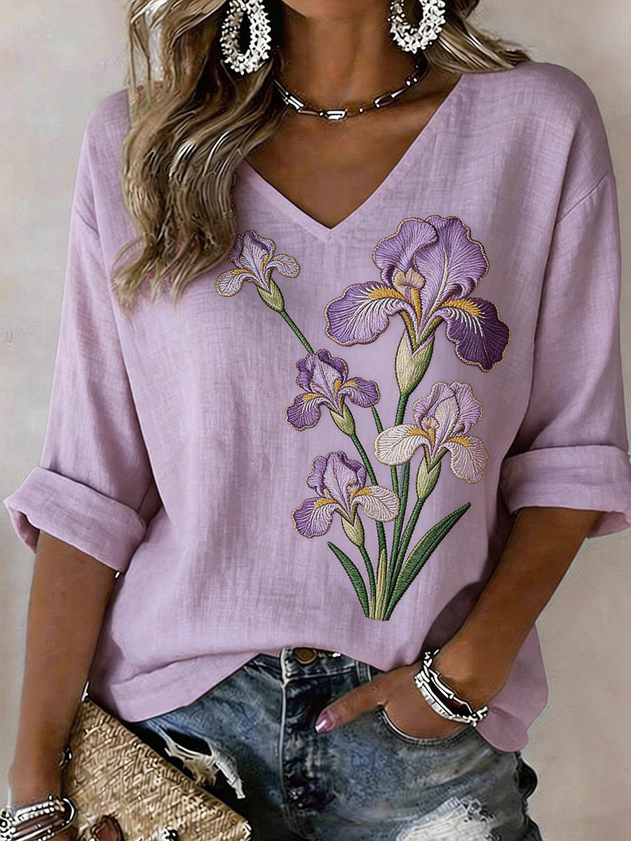 Women's Iris Flower Embroidery Pattern Linen Blend Shirt
