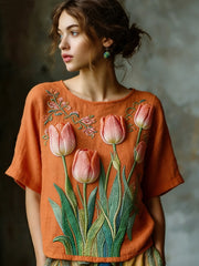 Women's  Embroidered Flowy Linen Casual Shirt