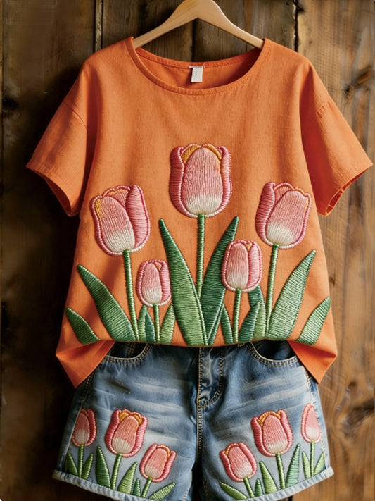 Women's  Floral Patchwork Print Casual T-Shirt
