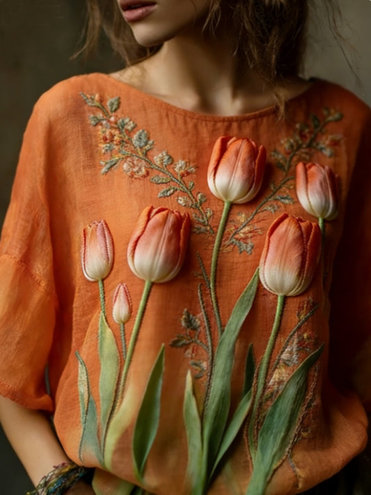 Women's  Embroidered Flowy Linen Casual Shirt