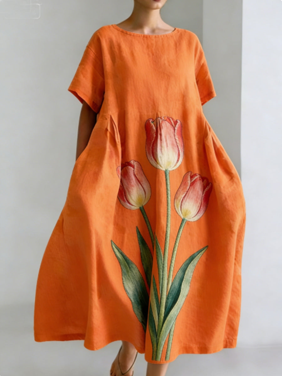 Women's Floral Art Print Short Sleeve Pocket Dresses