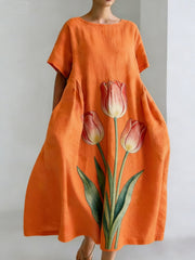 Women's Floral Art Print Short Sleeve Pocket Dresses