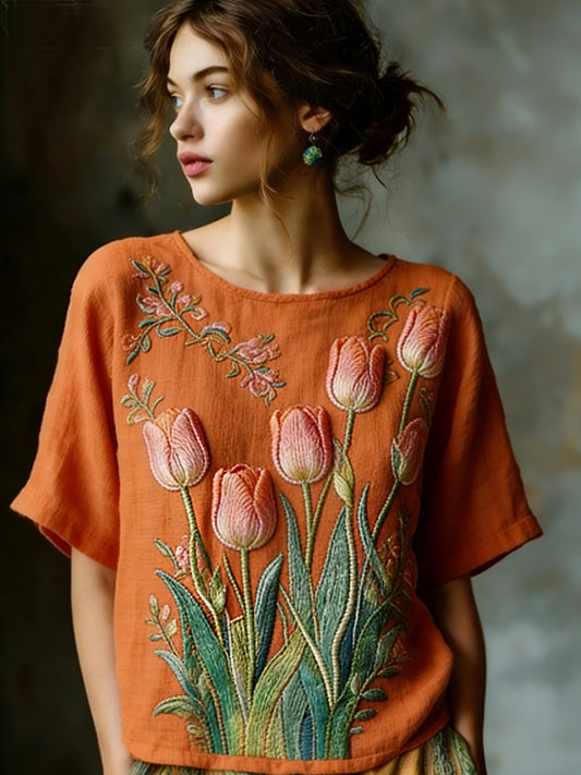 Women's  Embroidered Flowy Linen Casual Shirt