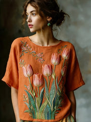 Women's  Embroidered Flowy Linen Casual Shirt