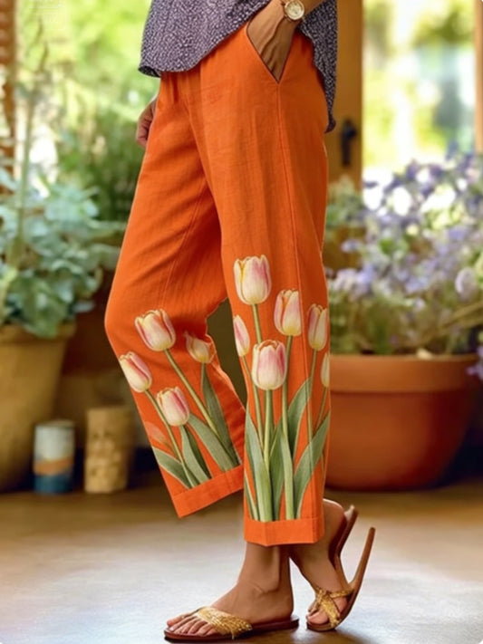 Women's  Floral Print Cotton and Linen Casual Pants
