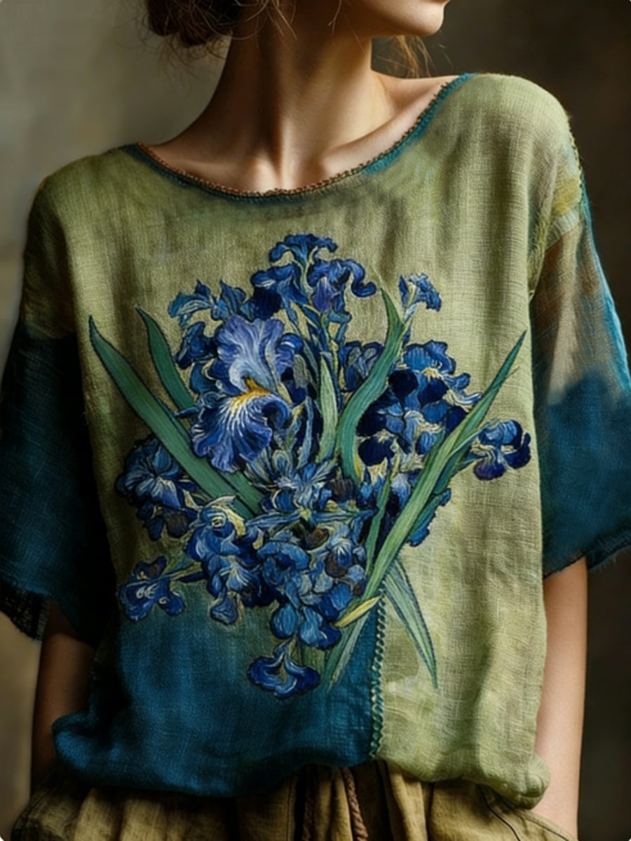 Women's Oil Painting Inspired Irises Embroidered Flowy Linen Casual Shirt